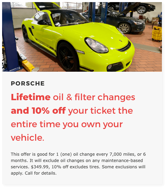 Special offer coupon with lime green porsche and offer text
