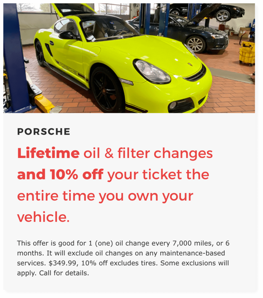 Special offer coupon with lime green porsche and offer text