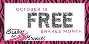 October is FREE Brakes Month, brakes for breasts logo with text in pink and silver glitter with pink and black zebra boader