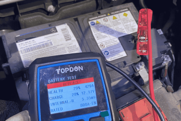 How Texas Heat Damages Batteries in European Cars in Plano, TX -- Battery testing being done on a car battery