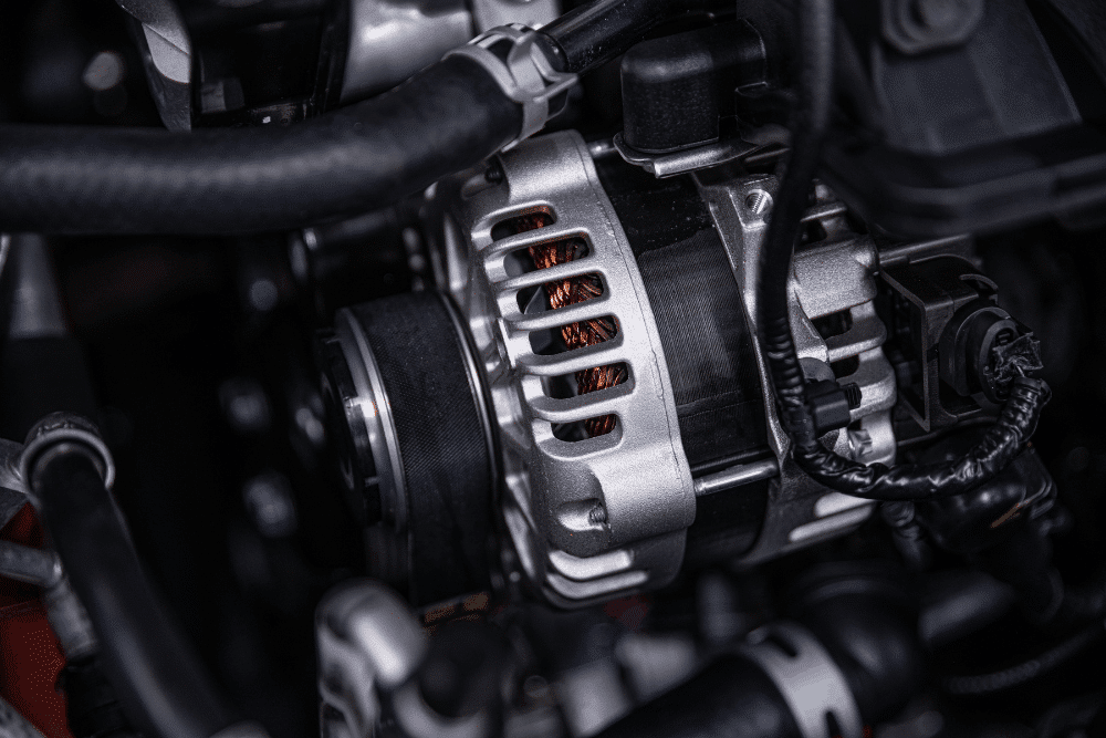 Alternator failure, auto repair in Plano, TX, at EurAuto Shop. A close-up image of a vehicle alternator inside the engine bay, highlighting a key charging system component inspected during professional alternator diagnosis and electrical system repair.