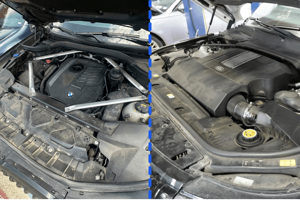 Engine repair, European auto repair in Plano, TX at EurAuto Shop. Image of BMW and Land Rover engine bays with hoods open during inspection and maintenance for reliable performance.