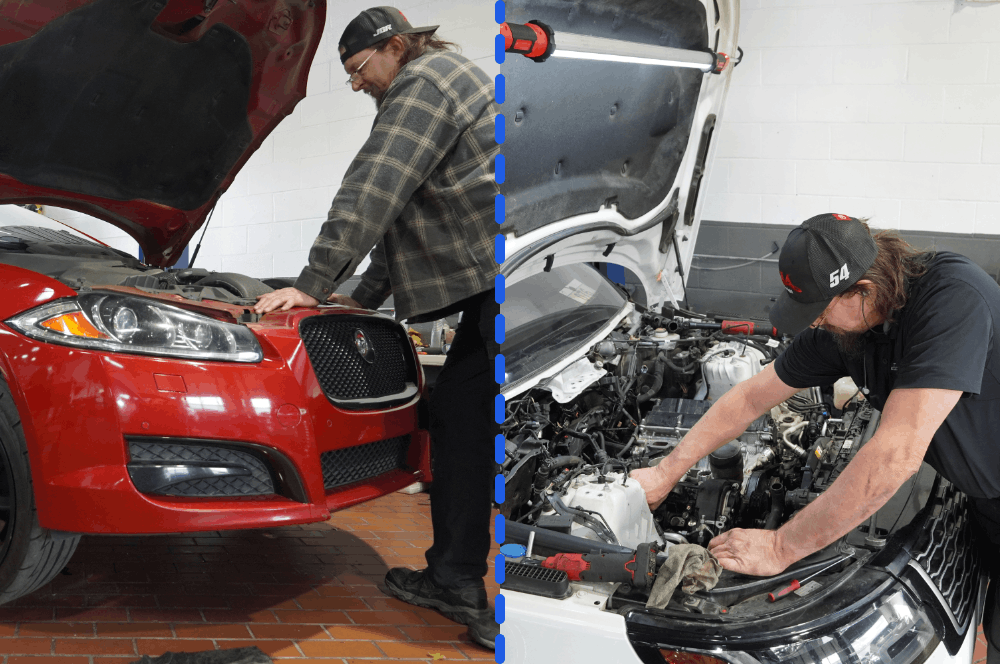 Master Jaguar & Land Rover technician, European auto repair in Plano, TX at EurAuto Shop. Image of technicians working under the open hoods of a red Jaguar and a Land Rover during inspection and service.