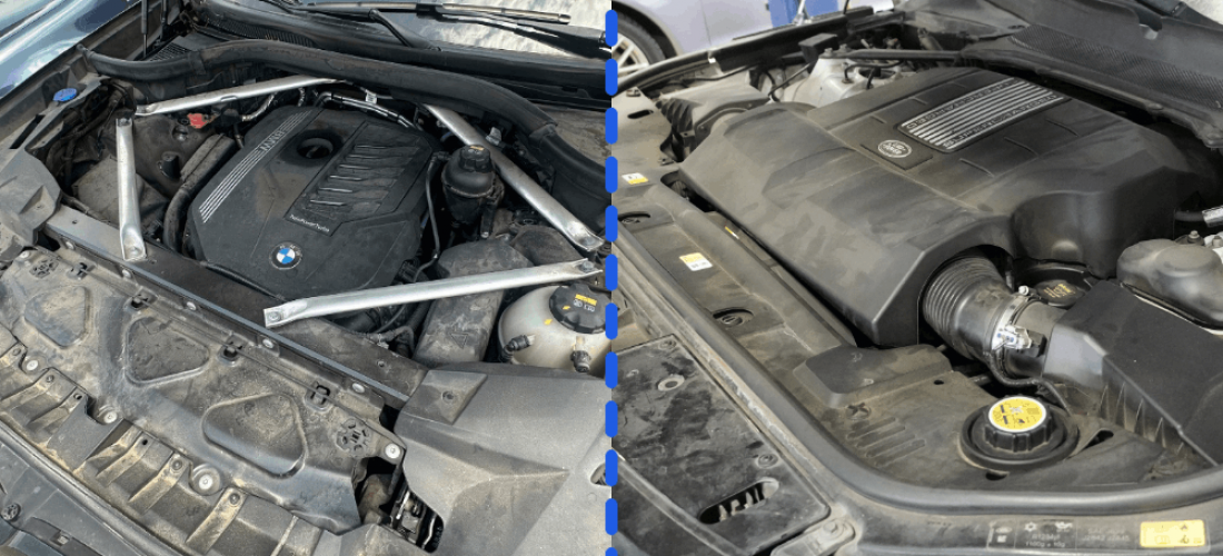 Engine repair, European auto repair in Plano, TX at EurAuto Shop. Image of BMW and Land Rover engine bays with hoods open during inspection and maintenance for reliable performance.